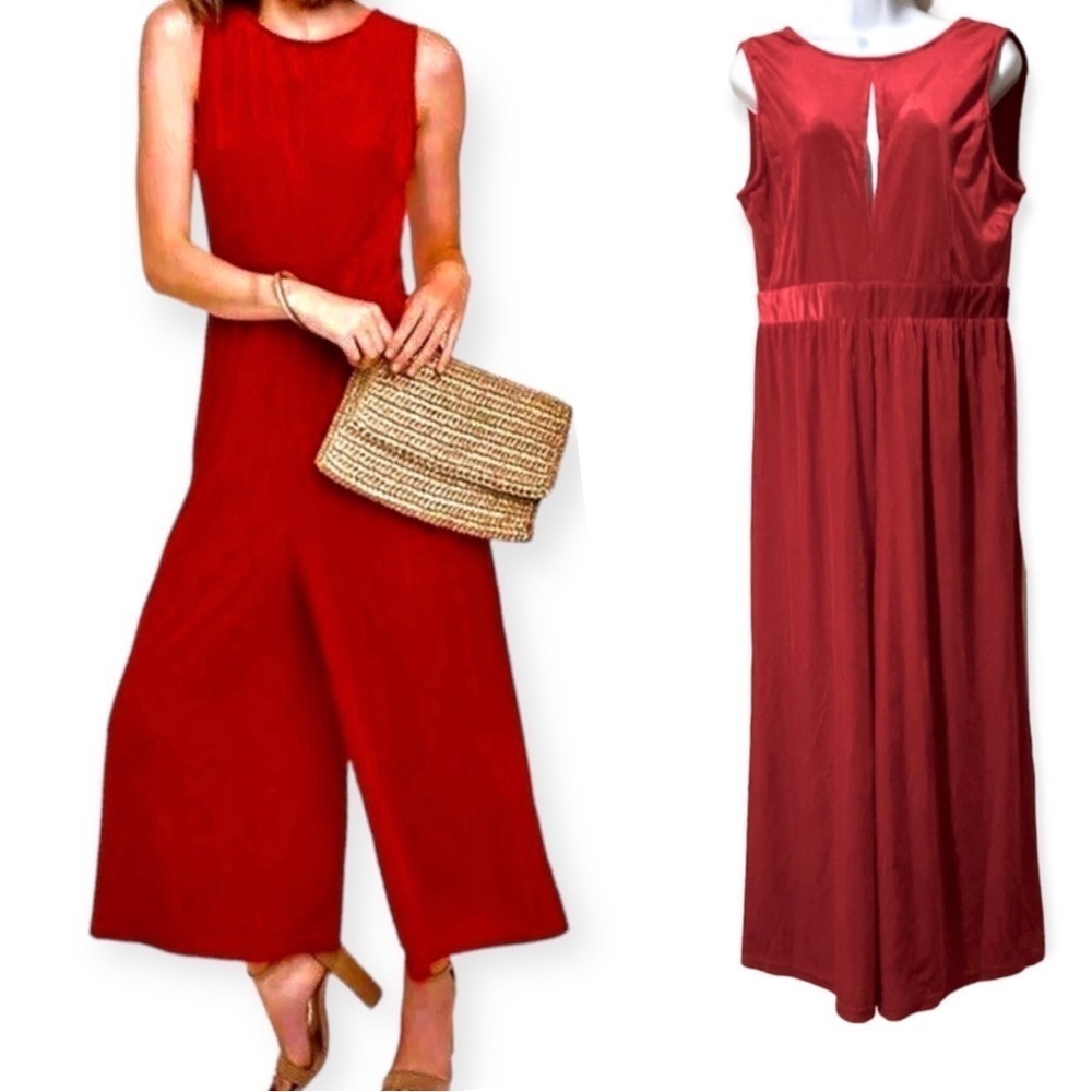 Umgee Red Corduroy Sleeveless Jumpsuit Large Cropped Holiday Party